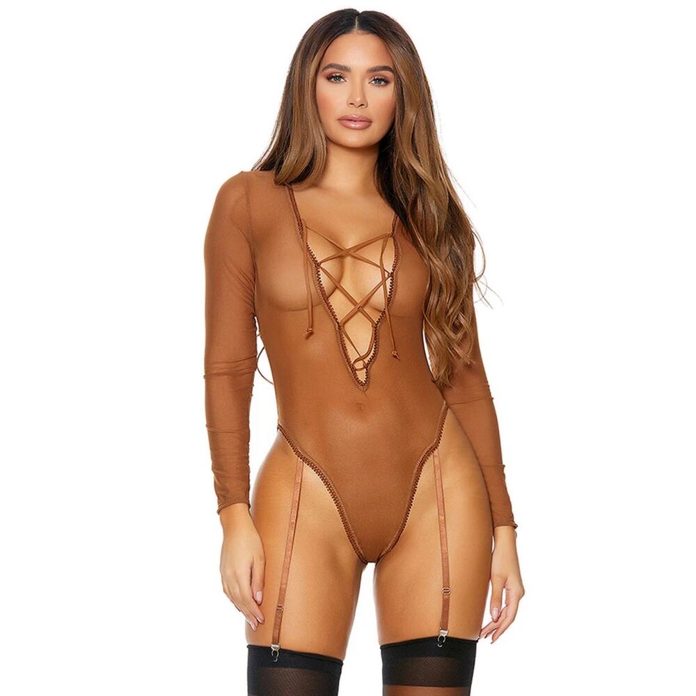 Frederick's of Hollywood Lola Lee Brown Long Sleeve Sheer Mesh Teddy - M